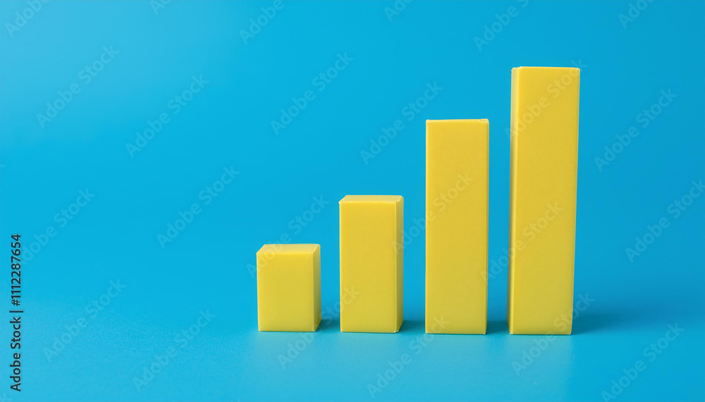 Yellow 3D bar graph isolated on blue background. Growing business, success and improvement. Yellow 3D bar graph isolated on blue background. Growing business, success and improvement.