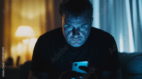 A stressed white man nervously looks at his cellphone or mobile in horror or anger, a victim of revenge porn, cyberstalking, fraud or blackmail, landscape format 16:9