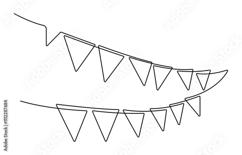One line party garland sketch. Hand drawn elements. Continuous line art drawing buntings garland. Celebration party hand drawn flags. Drawing of continuous line art buntings garland for a celebration