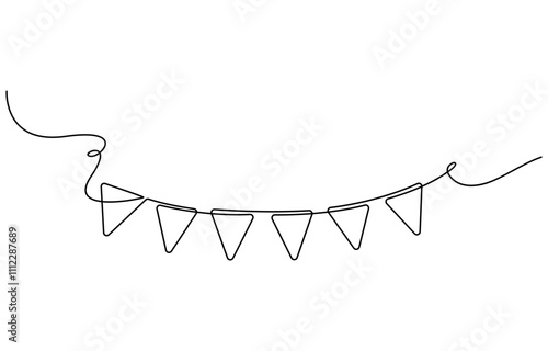 One line party garland sketch. Hand drawn elements. Continuous line art drawing buntings garland. Celebration party hand drawn flags. Drawing of continuous line art buntings garland for a celebration
