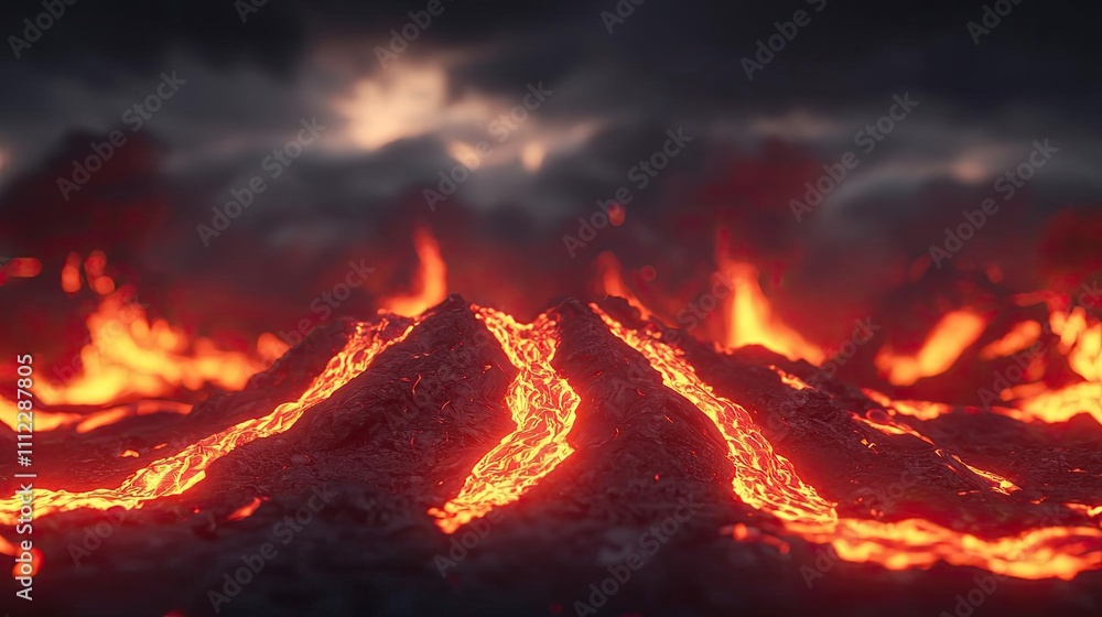 Molten lava flowing from an active volcano, dark sky in the background, dramatic scenery. Molten lava flowing from an active volcano, dark sky in the background, dramatic scenery.