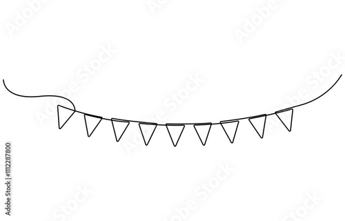 One line party garland sketch. Hand drawn elements. Continuous line art drawing buntings garland. Celebration party hand drawn flags. Drawing of continuous line art buntings garland for a celebration