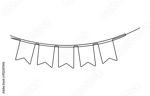 One line party garland sketch. Hand drawn elements. Continuous line art drawing buntings garland. Celebration party hand drawn flags. Drawing of continuous line art buntings garland for a celebration