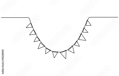 One line party garland sketch. Hand drawn elements. Continuous line art drawing buntings garland. Celebration party hand drawn flags. Drawing of continuous line art buntings garland for a celebration