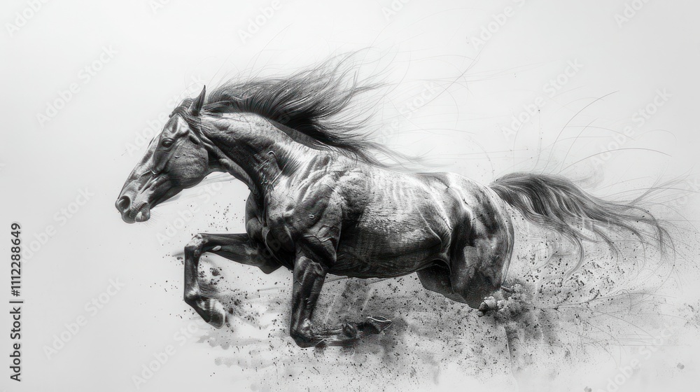 Fototapeta premium Powerful black horse galloping through a dusty grassland in a captivating monochrome image showcasing the raw energy strength and grace of this majestic animal in motion