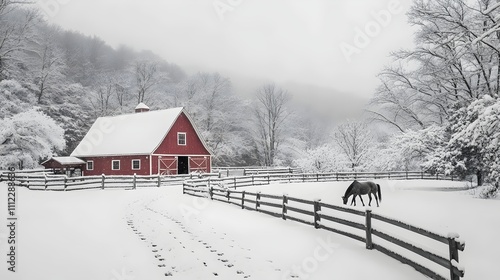 A horse is grazing in a snow-covered field next to a red barn