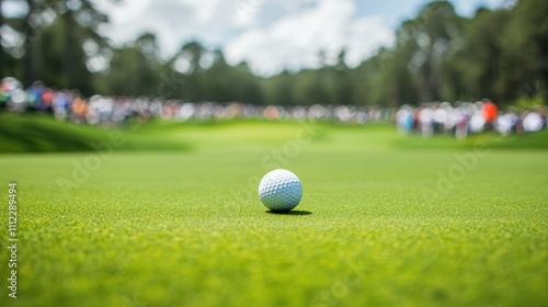 A golf ball on green grass, with a crowd blurred in the background, capturing the essence of a lively golf tournament.