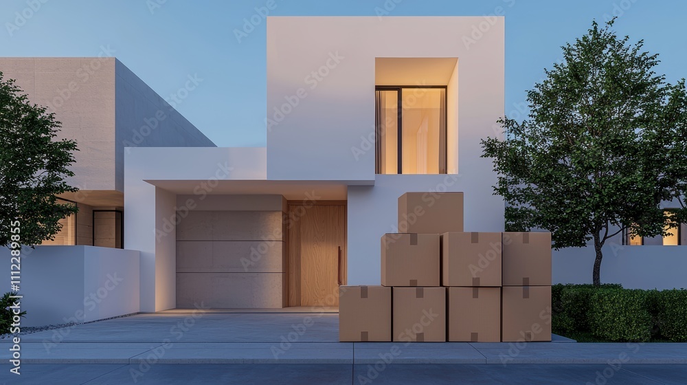 A modern house with large windows and stacked moving boxes in front, surrounded by greenery, showcasing a contemporary architectural style. A modern house with large windows and stacked moving boxes in front, surrounded by greenery, showcasing a contemporary architectural style.