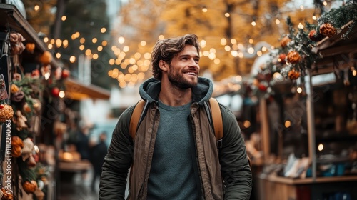 A man explores a vibrant market street decked out for the season, surrounded by festively decorated stalls and an atmosphere of joy and anticipation.