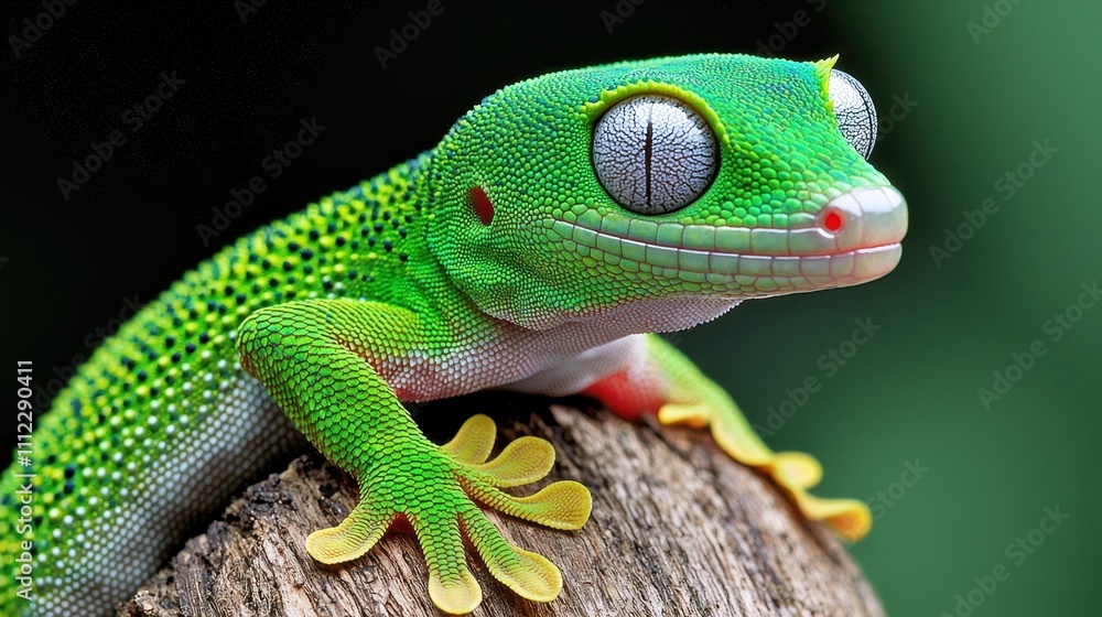 Fototapeta premium Colorful Green Gecko with Large Eyes Posing on a Natural Log in Nature