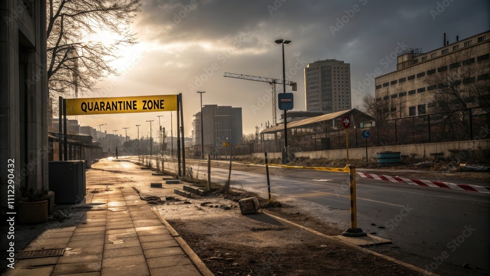 Obraz premium Health warning notification Desolate urban street at sunset