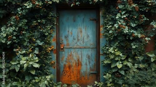 Rusty Door Overgrown by Lush Green Vines