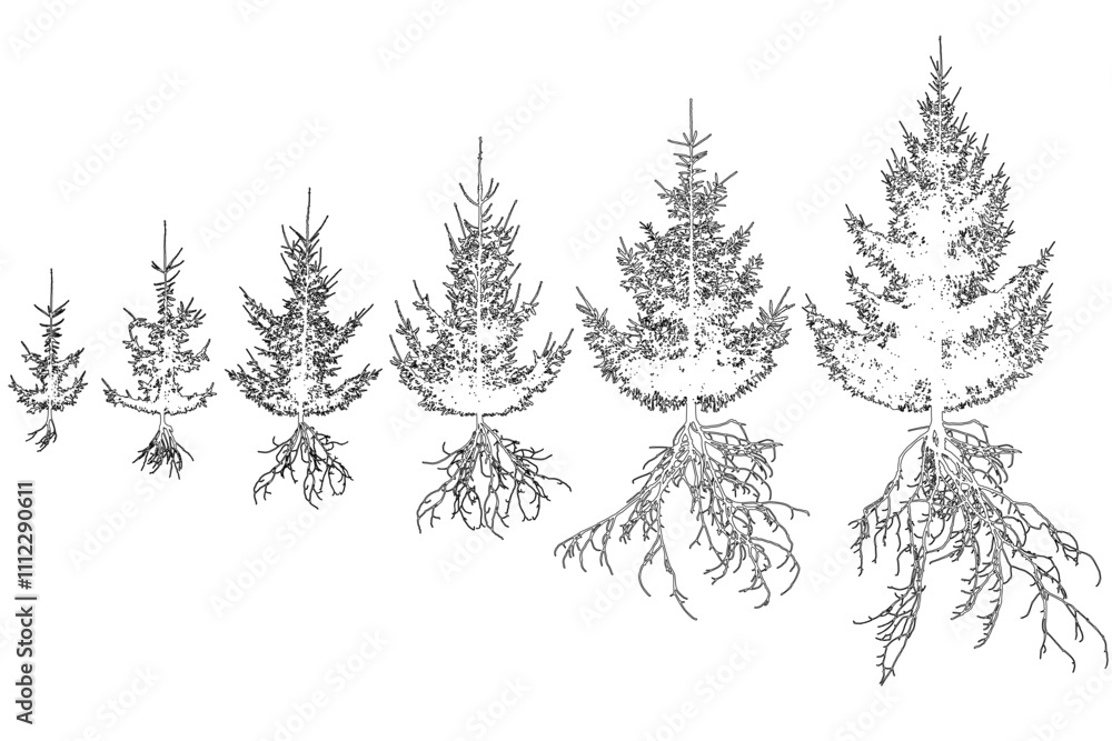 Contour of spruce trees with roots. Life process of fir tree and rootage. Vector illustration