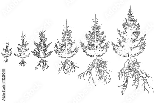 Contour of spruce trees with roots. Life process of fir tree and rootage. Vector illustration