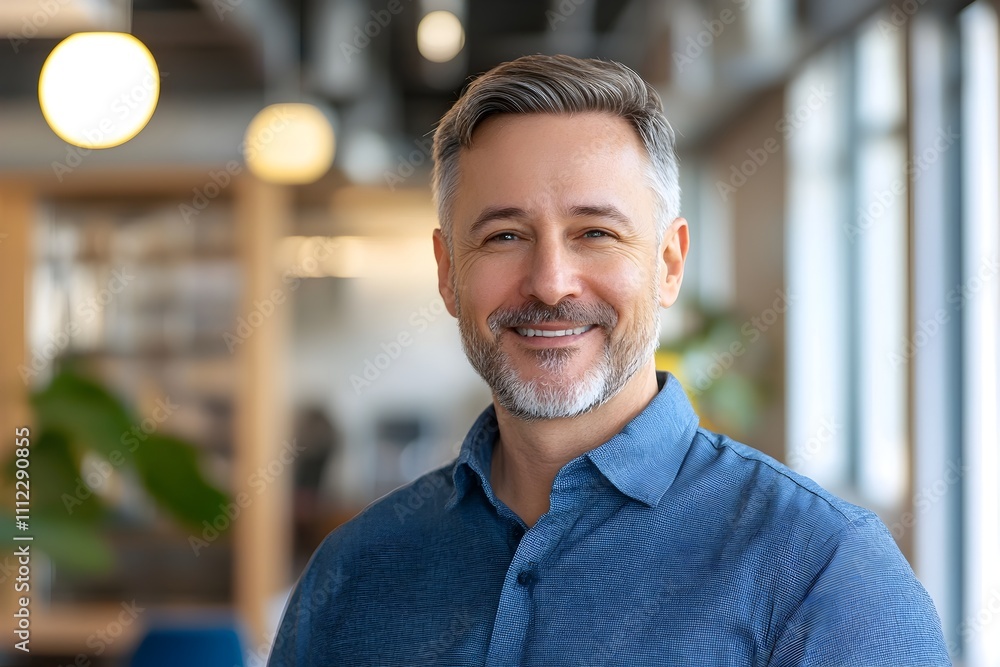Confident Businessman Smiling in Modern Coworking Space Confident Businessman Smiling in Modern Coworking Space