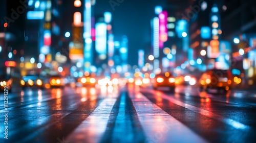 Night City Street Lights Reflecting On Wet Pavement