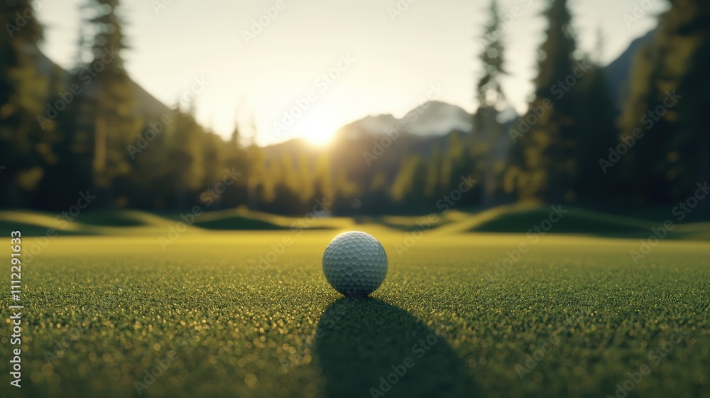 A serene golf ball sits on lush green grass with mountains and trees bathed in warm sunlight, creating a tranquil atmosphere. A serene golf ball sits on lush green grass with mountains and trees bathed in warm sunlight, creating a tranquil atmosphere.