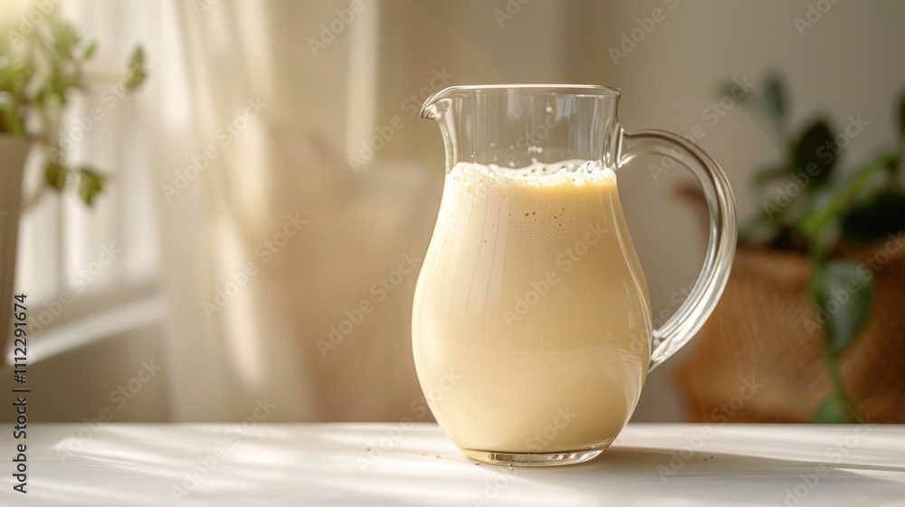A delicious vanilla milkshake in a clear jug with a smooth, creamy appearance and a hint of vanilla bean, showcased on a white table against a bright white background A delicious vanilla milkshake in a clear jug with a smooth, creamy appearance and a hint of vanilla bean, showcased on a white table against a bright white background