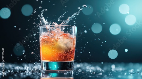 An action-packed capture of a cocktail splash with ice cubes in motion, showcasing energy and excitement against a dynamic backdrop of blue bokeh effects.