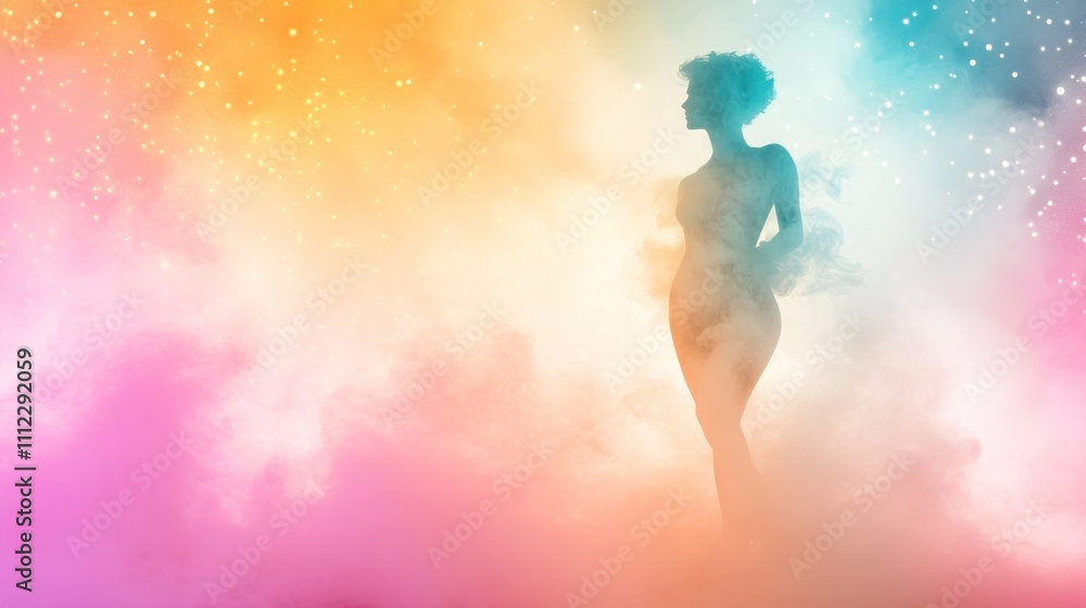 Naklejka premium Silhouette in colorful mist with starry background