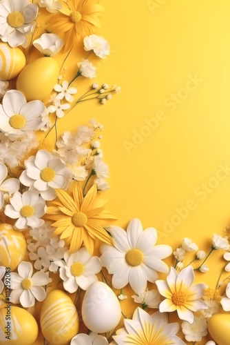 Easter background with eggs, bunnies and flowers Generative AI