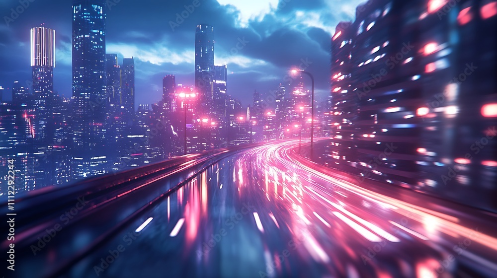 Bright Road Light Trails Curving Through City with Stunning Skyline Views Illustration Bright Road Light Trails Curving Through City with Stunning Skyline Views Illustration