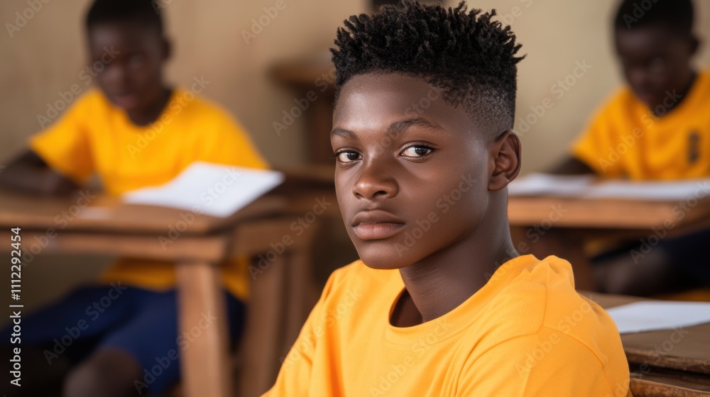 Fototapeta premium Focused Young Boy in Classroom Setting Wearing Bright Yellow Shirt, Engaged in Learning While Peers Work Diligently on Their Assignments in the Background