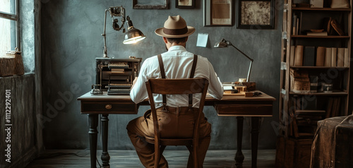 Retro Author at Work in a Dimly Lit Room photo