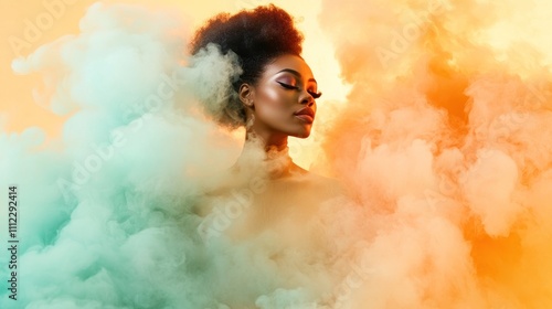 Confident pose amid clouds of vibrant colors