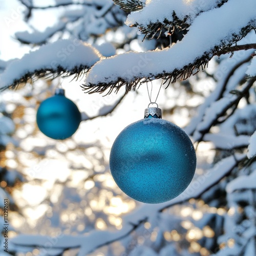 Christmas tree with frosted white and blue ornaments serene winter wonderland