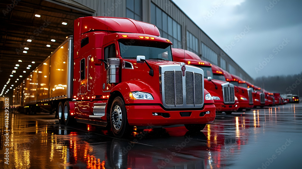 Powerful Red Semi Trucks Parked at Loading Dock Powerful Red Semi Trucks Parked at Loading Dock
