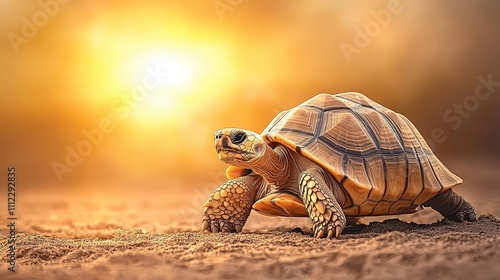 Desert Tortoise Walking on Sandy Terrain Under Warm Sunset Light