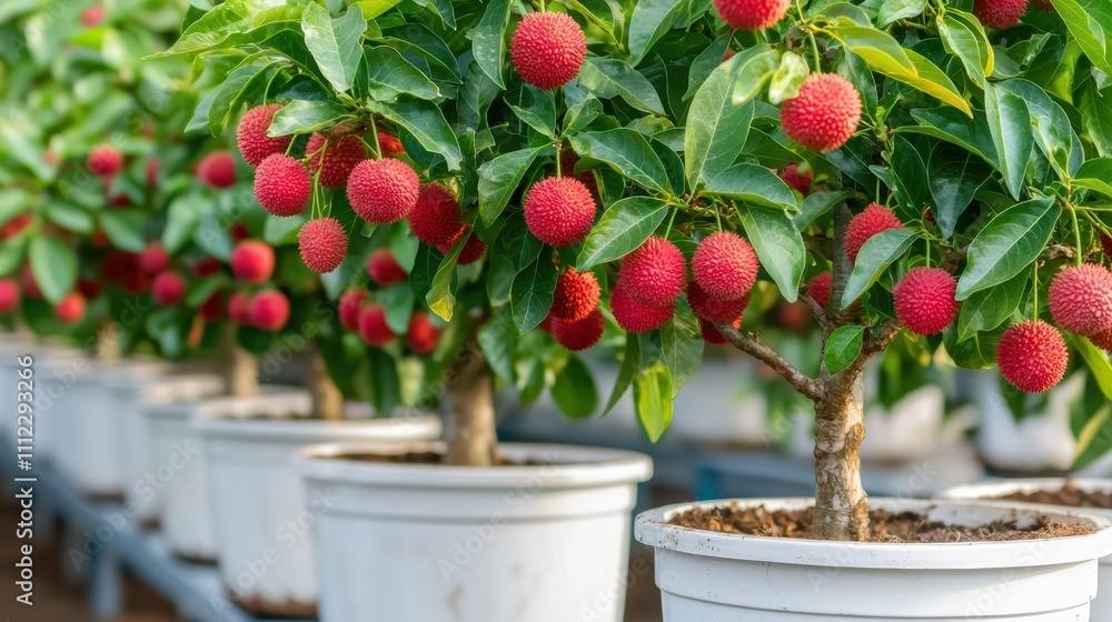 Lush lychee trees in pots display vibrant red fruit, showcasing a tropical garden setting with greenery and freshness. Lush lychee trees in pots display vibrant red fruit, showcasing a tropical garden setting with greenery and freshness.