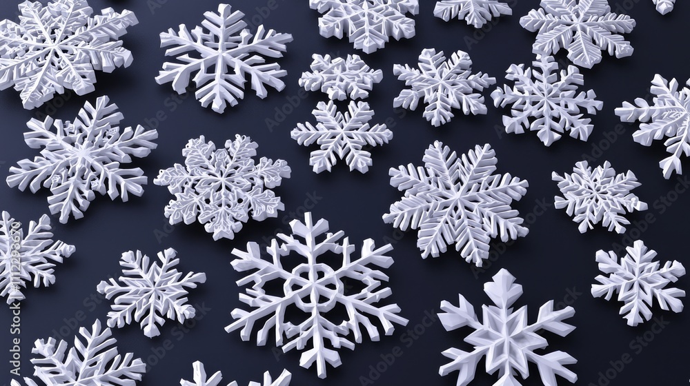 Enchanting Shimmering Snowflakes - 3D Render with Cinematic Light on Dark Background for Holiday Graphics Enchanting Shimmering Snowflakes - 3D Render with Cinematic Light on Dark Background for Holiday Graphics