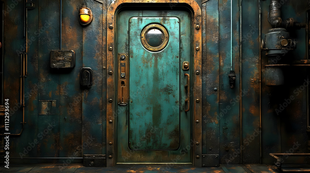 Fototapeta premium Rusty Teal Door: Exploring a Steampunk World