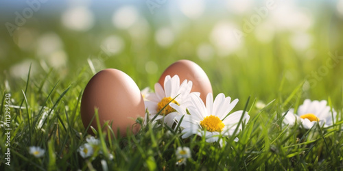 Easter background with eggs, bunnies and flowers Generative AI