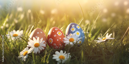 Easter background with eggs, bunnies and flowers Generative AI