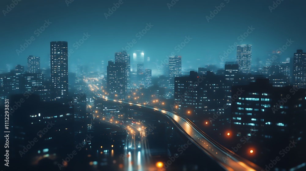Vibrant Light Trails and Towering Urban Skyscrapers Creating Modern Night City Illustration Vibrant Light Trails and Towering Urban Skyscrapers Creating Modern Night City Illustration