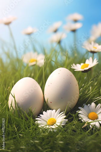 Easter background with eggs, bunnies and flowers Generative AI