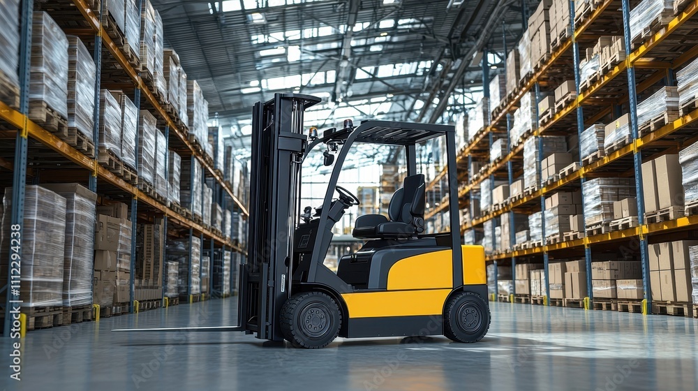 Yellow Forklift in Warehouse with Shelves Full of Wooden Pallets and Boxes Yellow Forklift in Warehouse with Shelves Full of Wooden Pallets and Boxes