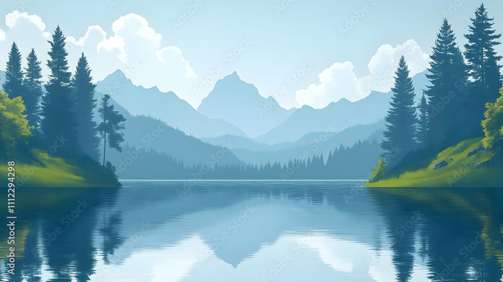 Fototapeta premium Serene Lake Reflects Majestic Mountains, Tranquil Forest