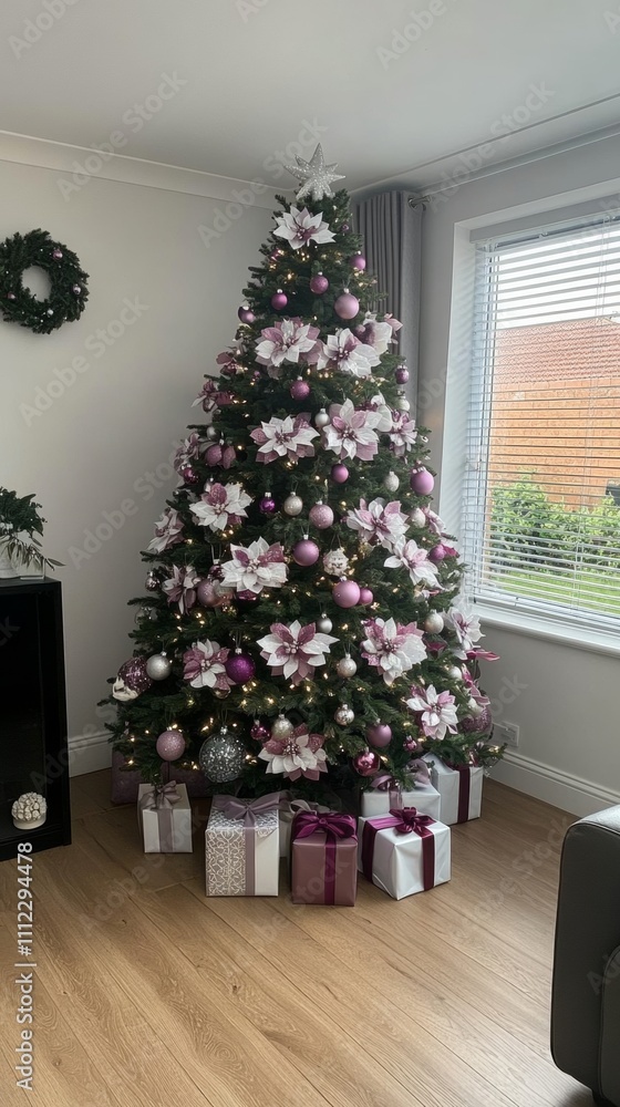 Fototapeta premium Christmas tree with lavender and silver tones enchanted forest theme