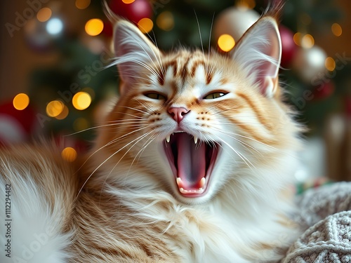 there is a cat yawning in front of a christmas tree. photo