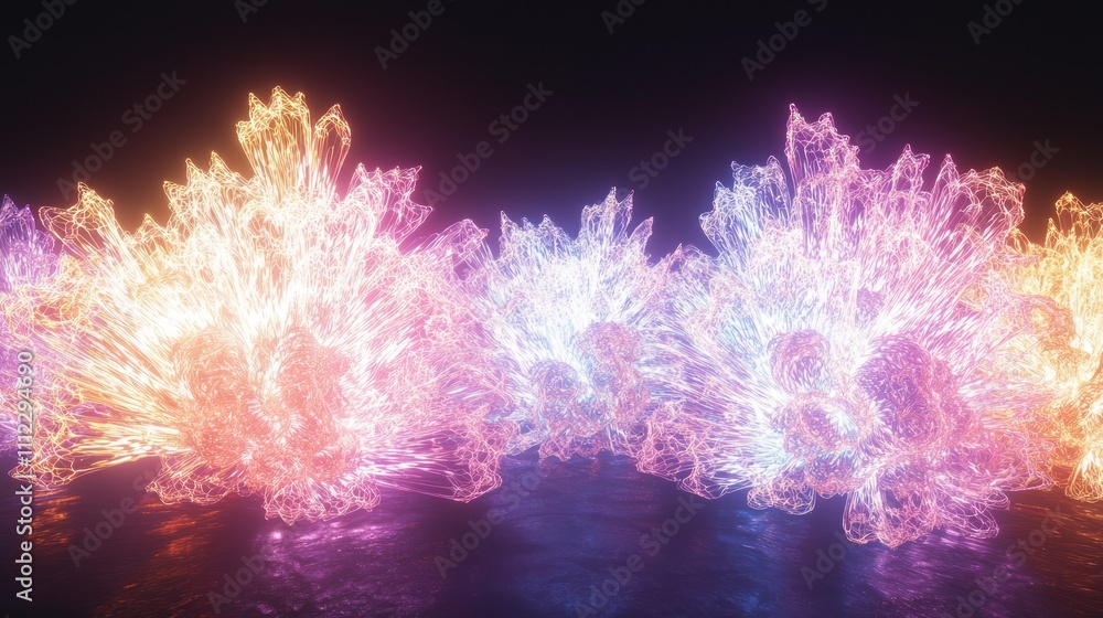 Fototapeta premium Festive Fractal Fantasia - Vibrant 3D Render of Dynamic Light Bursts for Holiday Designs on Dark Background