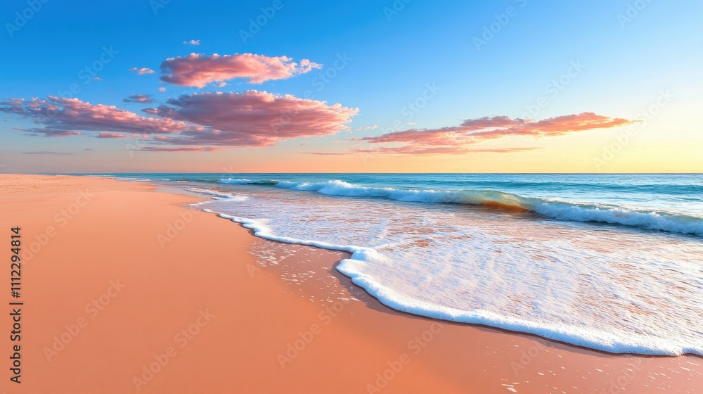 Serene Sunset at the Beach with Gentle Waves and Pink Clouds Above the Horizon Serene Sunset at the Beach with Gentle Waves and Pink Clouds Above the Horizon