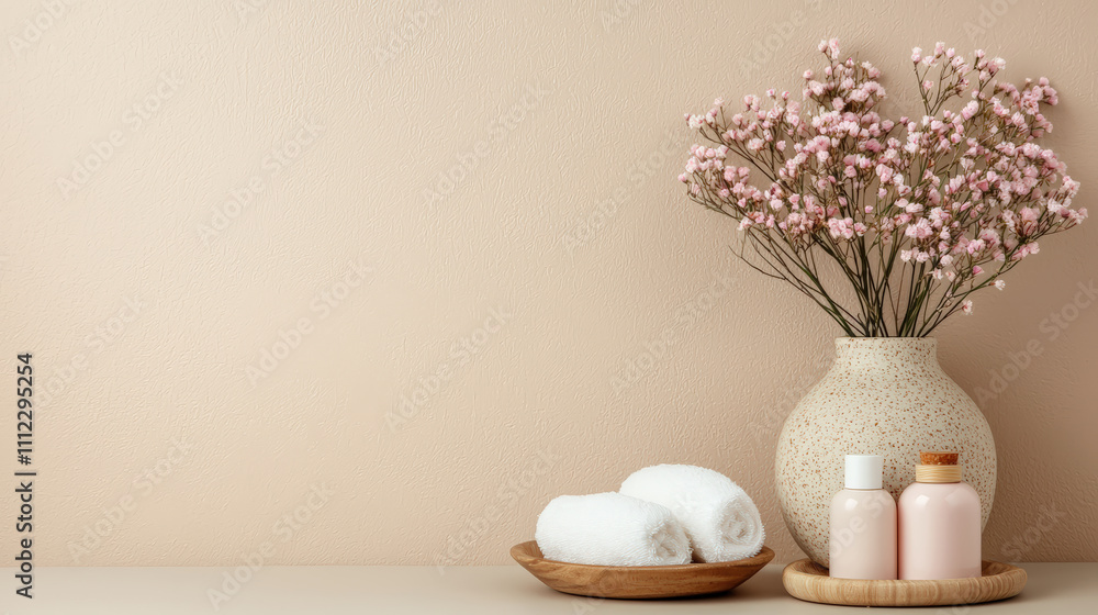 Wellness products creating relaxing atmosphere on neutral background Wellness products creating relaxing atmosphere on neutral background