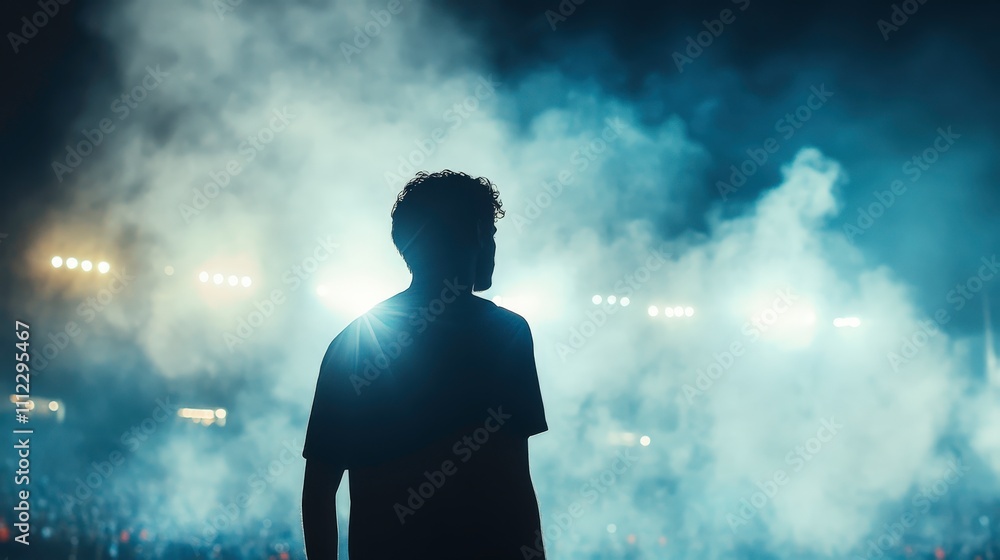 silhouetted figure stands against bright stadium lights, surrounded by dramatic smoke, creating mysterious and intense atmosphere silhouetted figure stands against bright stadium lights, surrounded by dramatic smoke, creating mysterious and intense atmosphere