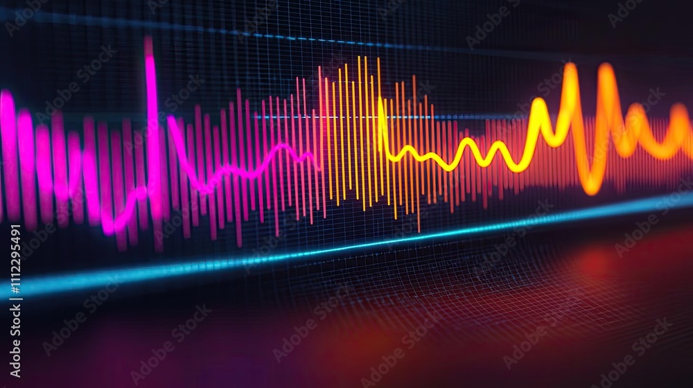Vibrant sound wave visual representation in bright colors on a dark background.