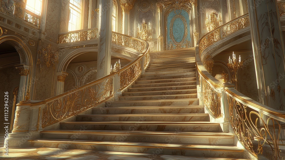 Obraz premium Grandiose Interior Staircase of an Opulent Palace with Intricate Architecture, Elegant Railings, Luxurious Decor, and Soft Natural Light Streaming Through Ornate Windows