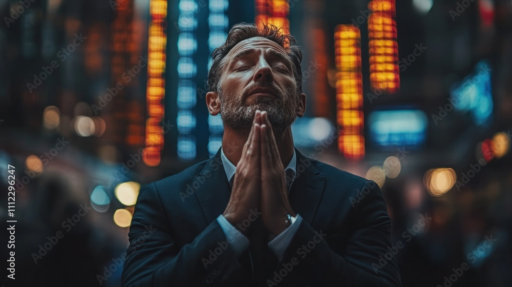 Business executive surrounded by market data ambiance